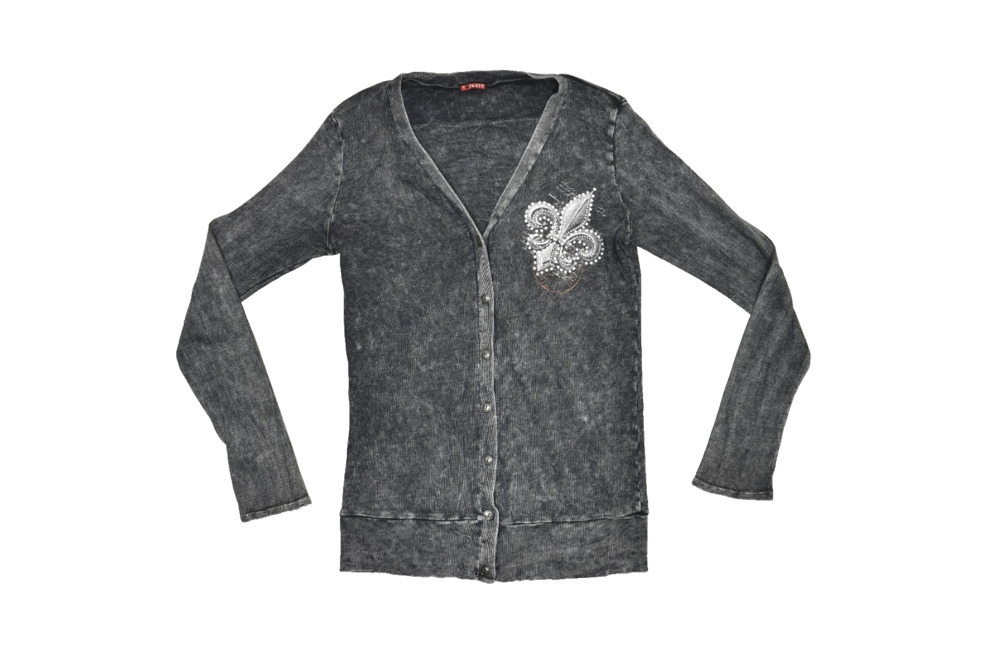 T Party Charcoal Gray Fleur De Lis Embellished Button Front Cardigan Size L